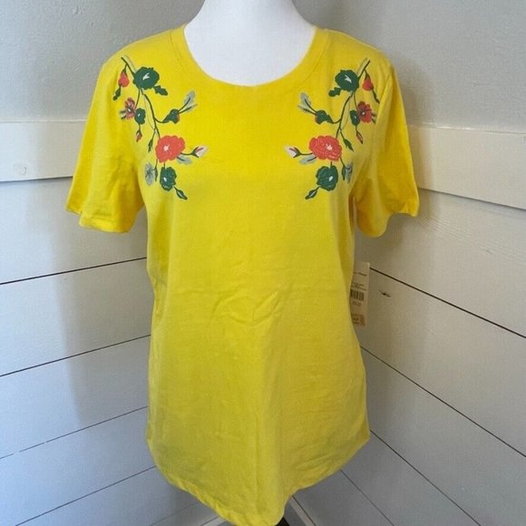 Rebecca‎ Malone Floral 3D Printed Bright Yellow T-Shirt NWT Women's Medium - Picture 1 of 9